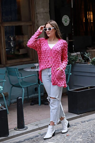 Sosyete Kaplumbağa Otantik Pamuk Triko Çift Cep Desenli Örgü Ahşap Düğmeli Yı...