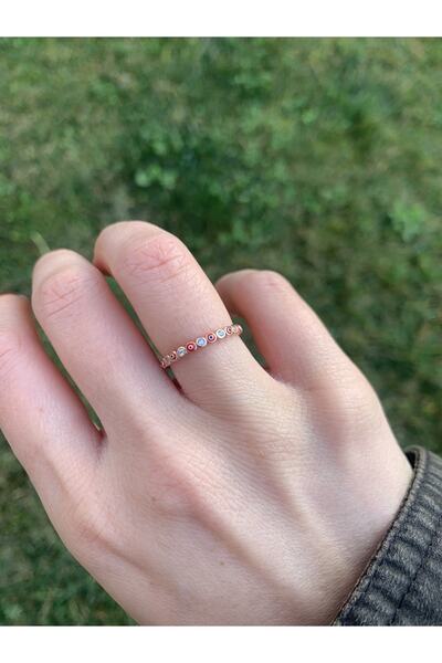 Kırmızı Mineli Nazar Boncuklu Zirkon Taşlı Rose Gold Gümüş Yüzük