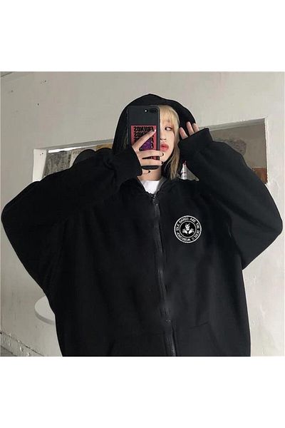 Touz Moda Dompuleri Fashion Devil Skull Printed Oversize Zippered Black Unisex Hooded Cardigan