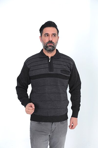 KMKkombin Baba Gömlek Yaka Akrilik Iplik Çizgili Tek Cepli Kışlık Kalın Erkek Kazak