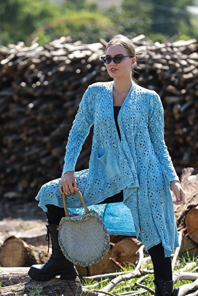 Sosyete Kaplumbağa Otantik Pamuk Triko Çift Cep Desenli Örgü Asimetrik Yıkamalı Hırka