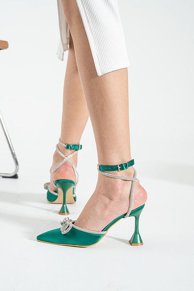 DUXAL SHOES Pantofi de damă din satin verde cu curea la gleznă cu toc cu fundă
