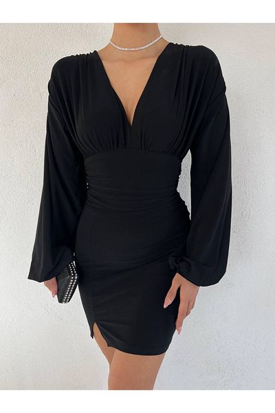 dükkan10butika Rochie de damă cu mânecă lungă, cu mânecă cu balon, cu fantă, neagră