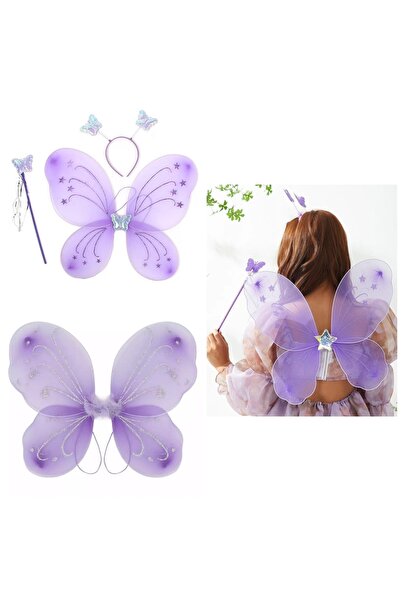 QUEEN AKSESUAR Kelebek Melek Peri Kanadı Lastikli Simli Kanat Asa Sopa Taç Set Çocuk Kostüm Lila Mor