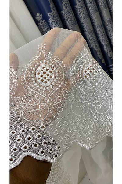 Fon Dünyası Hem Embroidered Damaks Tulle Curtain (1/3 Tight Pleat)