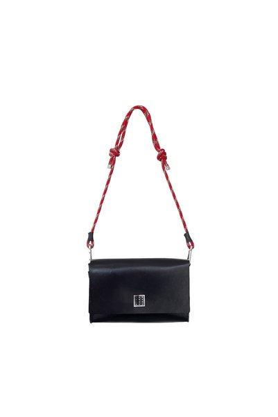 YOURHANDBAGS Siyah Deri Candy Çanta - Kırmızı Halat Askılı