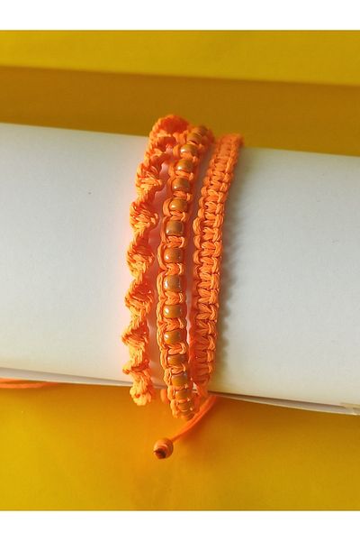 HANIMKIZ Neon Orange Macrame 3-Piece Knitted Waxed Rope Bracelet Set