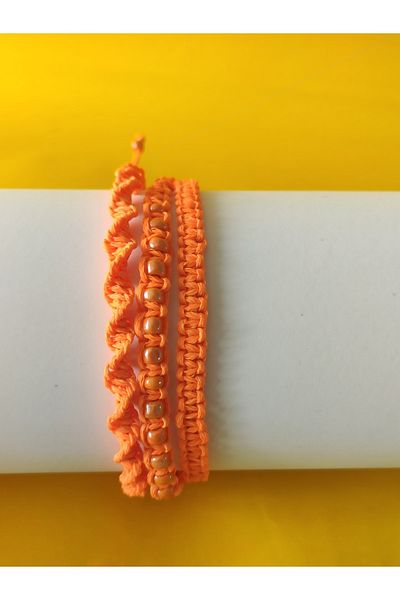 HANIMKIZ Neon Orange Macrame 3-Piece Knitted Waxed Rope Bracelet Set
