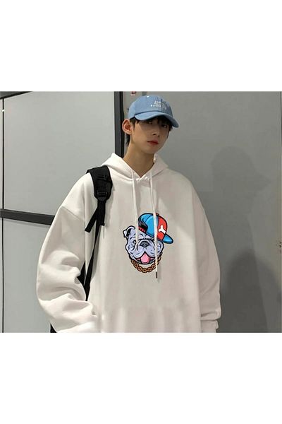 Gofeel Capped White Hooded Oversize Printed Unisex Sweatshirt