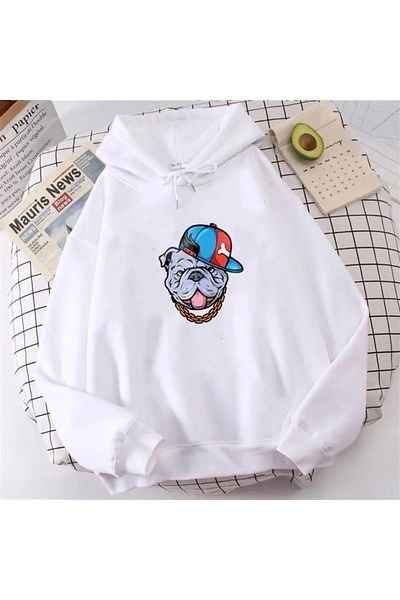 Gofeel Capped White Hooded Oversize Printed Unisex Sweatshirt