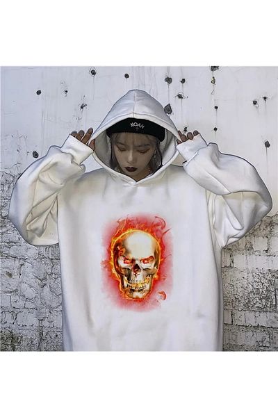 Gofeel Burning Skull White Hooded Oversize Printed Unisex Sweatshirt