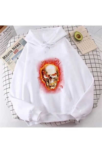 Gofeel Burning Skull White Hooded Oversize Printed Unisex Sweatshirt