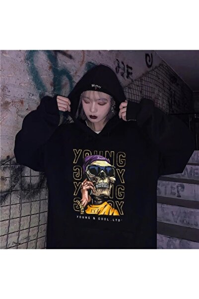 Gofeel Young Skull Black Unisex Hooded Oversize Hanorac Hanorac Ordini