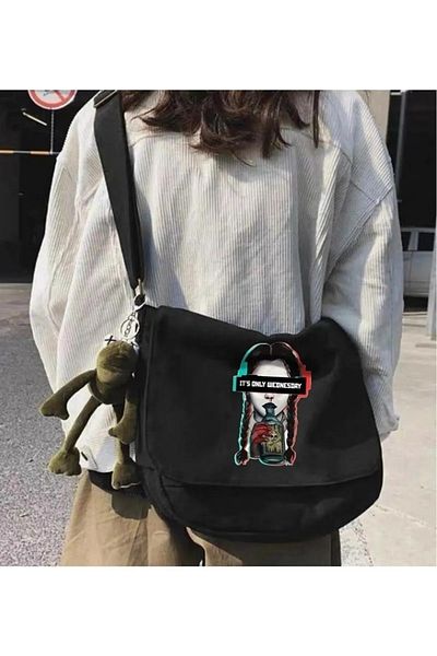 Gofeel Its Only Wednesday Printed Large Internal Volume Black Unisex Two Compartment Messenger Bag