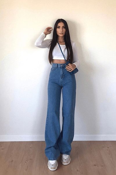 Trn JNS Sofia Power Lycra Blugi de damă, albastru mediu, talie înaltă, blugi largi, pantaloni din denim