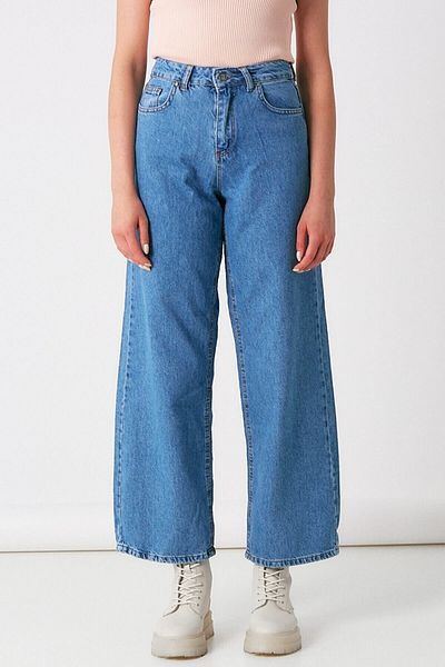 Trn JNS Pantaloni de damă Emilia Power Lycra, albastru mediu, talie înaltă, cu picioare largi, blugi largi