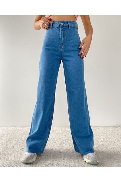 Trn JNS Pantaloni de damă Sara Power Lycra, albastru mediu, talie înaltă, cu picioare largi, blugi largi