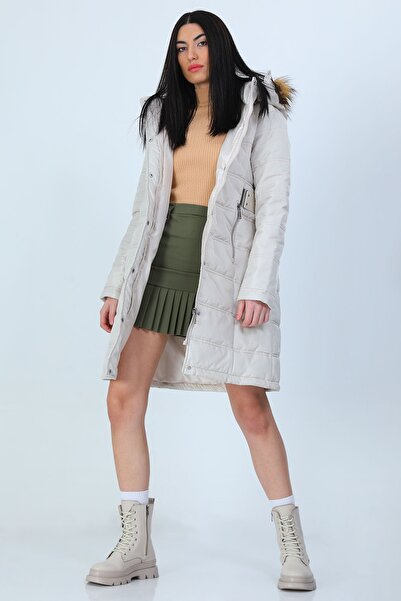GÜLSELİ Γυναικείο παλτό με γούνινο μακρύ πουπουλένιο παλτό