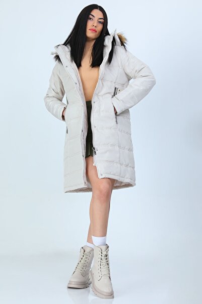 GÜLSELİ Γυναικείο παλτό με γούνινο μακρύ πουπουλένιο παλτό