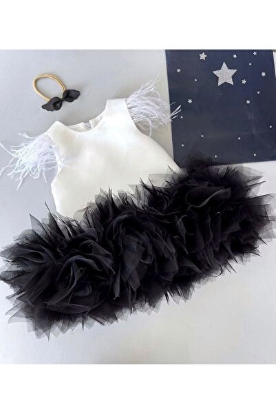 GNL BUTİK Kız Çocuk Bebek Beyaz Siyah Doğum Günü Parti Elbisesi
