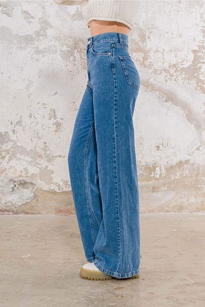 Trn JNS Pantaloni de damă Paula Power Lycra, albastru mediu, talie înaltă, cu picioare largi, blugi largi
