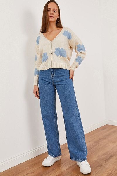 Trn JNS Pantaloni de damă Nancy Power Lycra, albastru mediu, talie înaltă, cu picioare largi, blugi largi