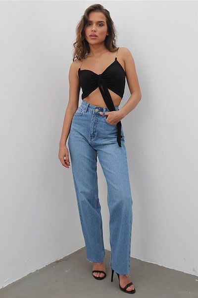 Trn JNS Perla Power Lycra Pantaloni de blugi cu talie înaltă, albastră medie, blugi largi