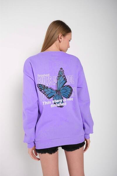 MODAGEN Γυναικείο φούτερ λιλά Oversize μπλε πεταλούδα με στάμπα με λαιμόκοψη