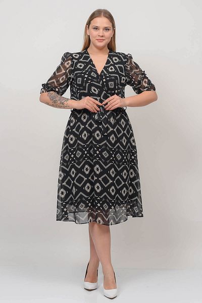 Neşeli Butik Women's Double Breasted Collar Midi Length Plus Size Patterned Chiffon Dress Nb80622