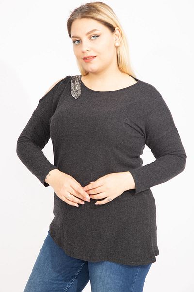 Şans Women's Large Size Anthracite One-Shoulder Low-cut Stone Detailed Blouse 65n35426