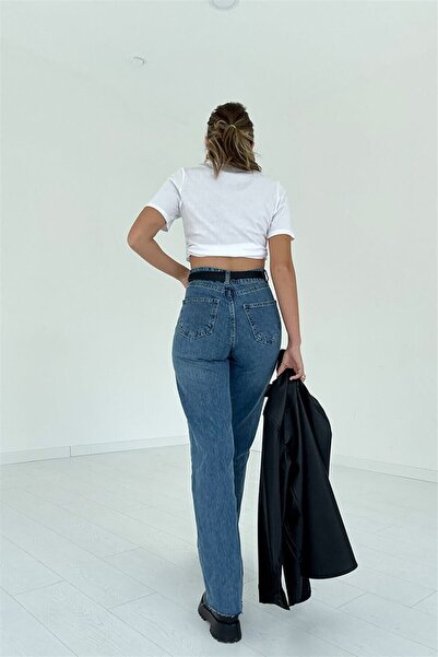 Trn JNS Jasmin Power Likralı Kadın Orta Mavi Yüksek Bel Salaş Paça Salaş Jeans Kot Pantolon