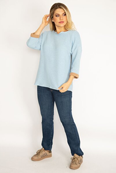 Şans Women's Large Size Blue Piping Detailed Capri Sleeve Sweatshirt 65n35390