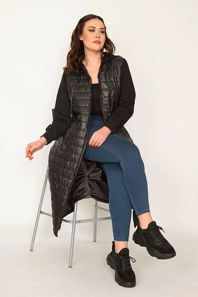 Şans Women's Large Size Black Front Zipper And Hooded Sleeves 2 Thread Quilted Lined Long Coat 65n35427