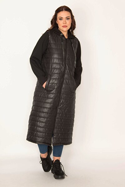 Şans Women's Large Size Black Front Zipper And Hooded Sleeves 2 Thread Quilted Lined Long Coat 65n35427