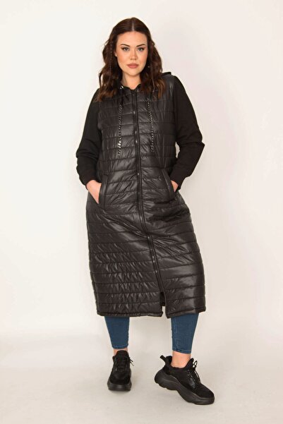 Şans Women's Large Size Black Front Zipper And Hooded Sleeves 2 Thread Quilted Lined Long Coat 65n35427