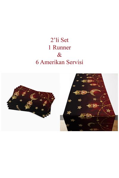 Tataroğlu Dijital Kumaş Ramadan Collection - Candelabre aurite cu design de fundal burgundă Set de 6 servicii americane 1 alergător