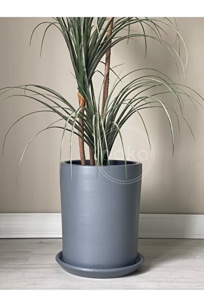 odka 20litre Silindir Saksı Tabaklı Yükseklik:30cm Çap:25cm Koyu Füme