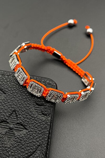 FRNCH 3a Kalite Zirkon Taşlı Baget Turuncu Renk Ipli Ayarlanabilir Makrome Er...