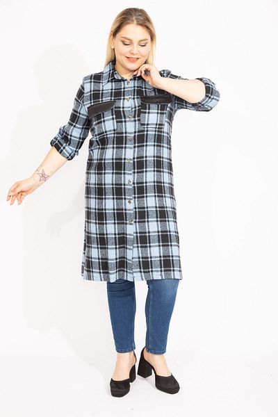 Şans Women's Large Size Blue Plaid Patterned Front Buttoned Faux Leather Garnished Tunic Dress 65n35422