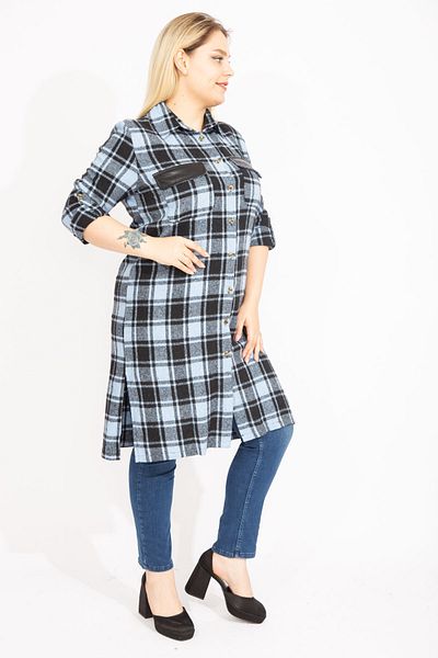 Şans Women's Large Size Blue Plaid Patterned Front Buttoned Faux Leather Garnished Tunic Dress 65n35422