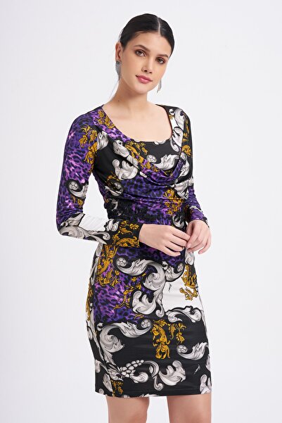 Balizza Blz-yaka Aksesuar Detaylı Desenli Elbise