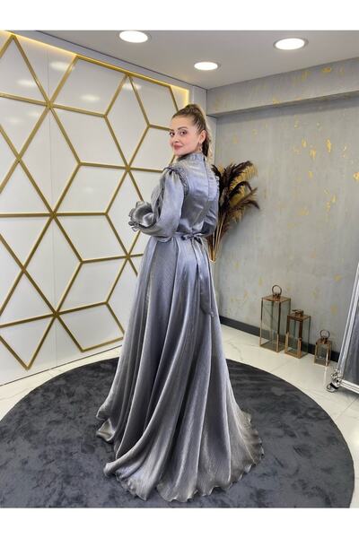 Surikka Stoned Shoulder Sema Hijab Evening Dress Silver