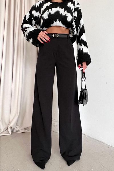 FEMELLE Pantaloni palazzo cu picior largi, pliați, din piele subțire din Lycra, negri