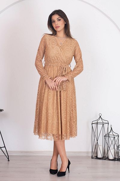 Neşeli Butik Γυναικείο φόρεμα με δαντέλα με διπλό στήθος Camel ζωσμένο Rssn31