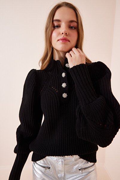 Happiness İstanbul Pulover negru, elegant, cu nasturi, ajurat, tricotaje MT00118