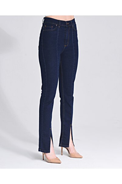 SHEVEGA Navy Blue Lycra High Waist Flared Leg Slit Jeans Flare Jeans