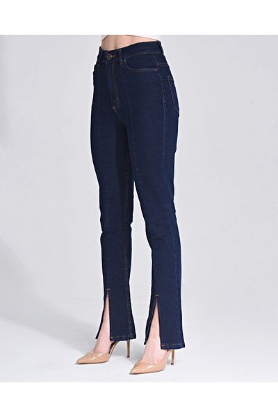 SHEVEGA Navy Blue Lycra High Waist Flared Leg Slit Jeans Flare Jeans