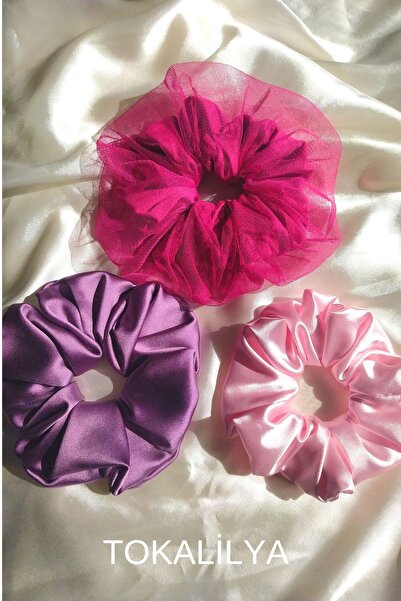 TOKALİLYA Kadın Lastikli Simit Saten Tüllü Pembe Fuşya Mor Pembe Scrunchie Sa...