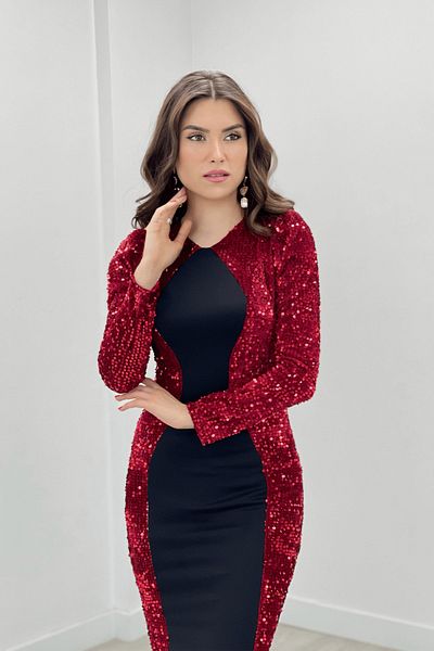 giyimmasalı Crepe Fabric Sequin Detailed Fish Dress - Claret Red