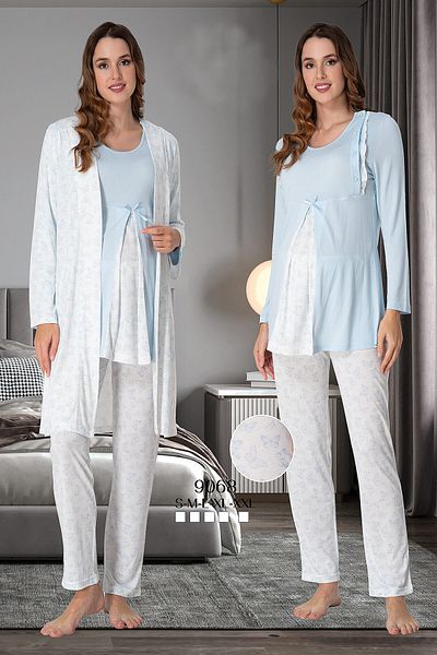 lohusahamile Set de pijamale de maternitate Effortt 9068 Blue Butterfly cu halat